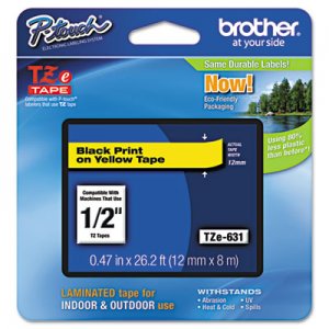 Brother P-Touch TZE631 TZe Standard Adhesive Laminated Labeling Tape, 1/2w, Black on Yellow BRTTZE631