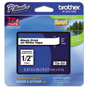 Brother P-Touch TZE231 TZe Standard Adhesive Laminated Labeling Tape, 1/2w, Black on White BRTTZE231
