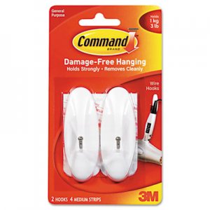 Command 17068ES General Purpose Hooks, Medium, 3lb Cap, Plastic, White, 2 Hooks & 4 Strips/Pack MMM17068ES
