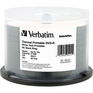 Verbatim 95211 DVD-R 4.7GB 16x DataLifePlus White ThermalHub Printable 50pk Spindle