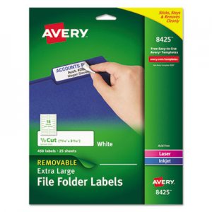 Avery 8425 Removable 1/3 Cut File Folder Labels, 15/16 x 3 7/16, White, 450/PK AVE8425