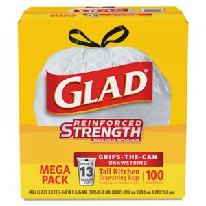 Glad CLO78526 Tall Kitchen Drawstring Trash Bags, 13 gal, 0.95 mil, 24" x 27.38", White, 100/Box