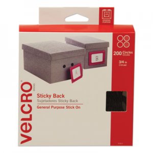 VELCRO Brand VEK91823 Sticky-Back Fasteners, Removable Adhesive, 0.75" dia, Black, 200/Box