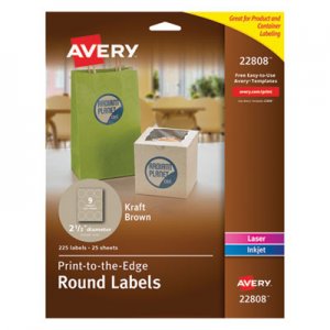 Avery 22808 Round Print-to-the-Edge Labels, 2 1/2" dia, Brown Kraft, 225/PK AVE22808