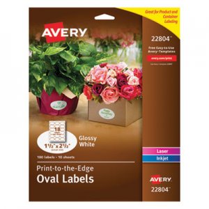 Avery 22804 Oval Print-to-the-Edge Labels, 1 1/2 x 2 1/2, White, 180/Pack AVE22804
