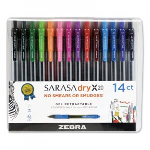 Zebra ZEB46824 Sarasa Dry Gel X20 Retractable Gel Pen, Medium 0.7mm, Assorted Ink/Barrel, 14/Pack