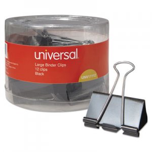 Universal UNV11112 Binder Clips in Dispenser Tub, Large, Black/Silver, 12/Pack