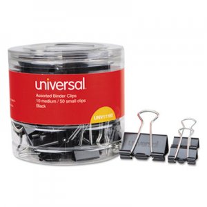 Universal UNV11160 Binder Clips in Dispenser Tub, Assorted Sizes, Black/Silver, 60/Pack