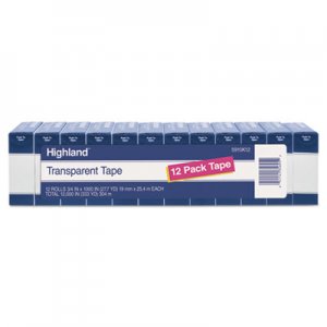 Highland MMM5910K12 Transparent Tape, 1" Core, 0.75" x 83.33 ft, Clear, 12/Pack