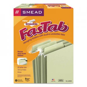 Smead SMD64032 Erasable FasTab Hanging Folders, Letter Size, 1/3-Cut Tab, Moss, 20/Box