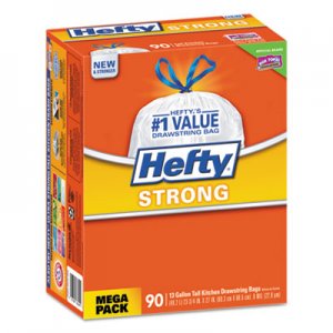 Hefty RFPE84574 Strong Tall Kitchen Drawstring Bags, 13 gal, 0.9 mil, 34" x 48", White, 90/Box