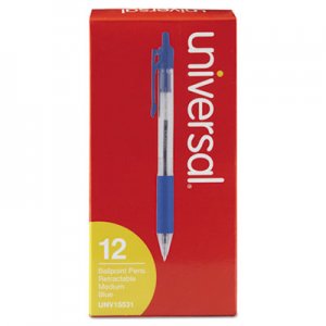 Universal UNV15531 Comfort Grip Retractable Ballpoint Pen, 1mm, Blue Ink, Clear Barrel, Dozen