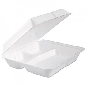 Dart DCC95HTPF3R Foam Hinged Lid Container, 3-Comp, 9.3 x 9 1/2 x 3, White, 100/Bag, 2