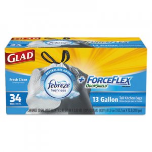 Glad CLO70320 ForceFlex OdorShield Bags, Fresh Clean, 13gal, White, 34/Box, 6 Boxes/Carton