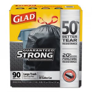 Glad CLO78952 Drawstring Large Trash Bags, 30 gal, 1.05 mil, 30" x 33", Black, 90/Carton