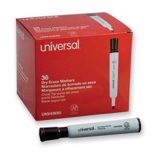 Universal UNV43655 Dry Erase Marker, Broad Chisel Tip, Black, 36/Pack
