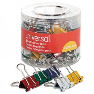 Universal UNV31028 Binder Clips in Dispenser Tub, Small, Assorted Colors, 40/Pack