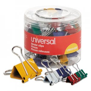 Universal UNV31026 Binder Clips in Dispenser Tub, Assorted Sizes and Colors, 30/Pack