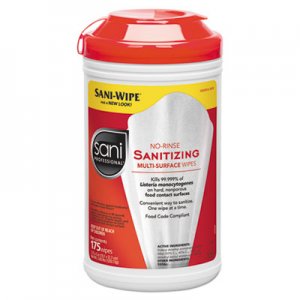 Sani Professional NICP66784 No-Rinse Sanitizing Multi-Surface Wipes, White, 175/Container, 6/Carton