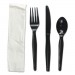 Boardwalk BWKFKTNMWPSBLA Four-Piece Cutlery Kit, Fork/Knife/Napkin/Teaspoon, Black, 250/Carton