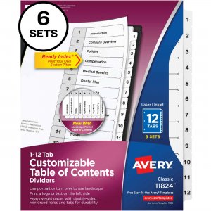 Avery 11824 Avery Ready Index 12 Tab Dividers, Customizable TOC, 6 Sets AVE11824