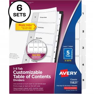 Avery 11821 Avery Ready Index 5 Tab Dividers, Customizable TOC, 6 Sets AVE11821