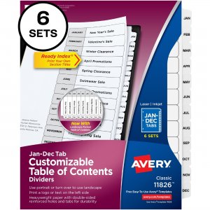 Avery 11826 Ready Index Jan-Dec 12 Tab Dividers, Customizable TOC, 6 Sets AVE11826