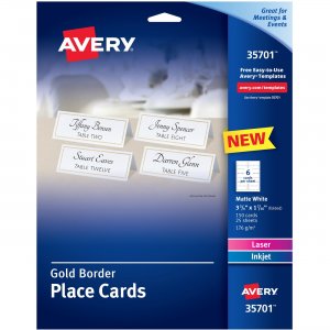 Avery 35701 Place Cards With Gold Border 1-7/16" x 3-3/4" , 65 lbs. 150 Cards AVE35701