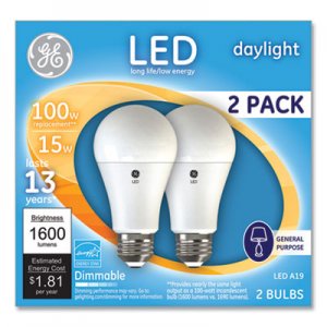 GE GEL93127672 100W LED Bulbs, 15 W, A19, Daylight, 2/Pack