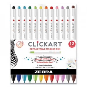 Zebra ZEB69012 ClickArt Retractable Marker Pen, Fine 0.6 mm, Assorted Ink, White Barrel, 12/Pack