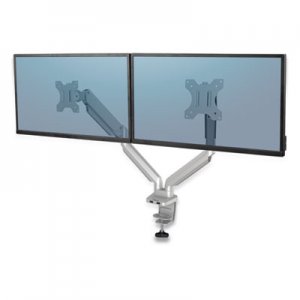 Fellowes FEL8056501 Platinum Series Dual Monitor Arm, For 27" Monitors, 360 deg Rotation, 45 deg Tilt, 180 deg Pan, Silver