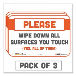 Tabbies TAB29063 BeSafe Messaging Repositionable Wall/Door Signs, 9 x 6, Please Wipe Down All Surfaces You Touch, White, 3