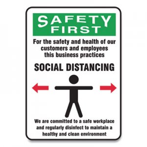 Accuform GN1MGNG909VPESP Social Distance Signs, Wall, 7 x 10, Customers and Employees Distancing Clean Environment, Humans/Arrows, Green/White, 10