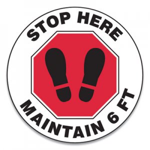 Accuform GN1MFS388ESP Slip-Gard Social Distance Floor Signs, 12" Circle, "Stop Here Maintain 6 ft", Footprint, Red/White, 25/Pack