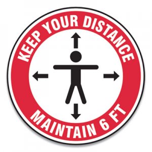 Accuform GN1MFS345ESP Slip-Gard Social Distance Floor Signs, 12" Circle, "Keep Your Distance Maintain 6 ft", Human/Arrows, Red/White