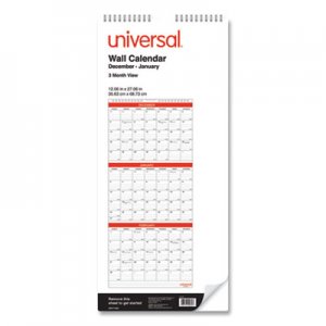 Universal UNV71003 Three-Month Wall Calendar, White/Black/Red, 12 x 27, 2021