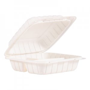 ProPlanet DCC85MFPPHT3 Hinged Lid Containers, 3-Compartment, 8.3" x 8" x 3", White, 150/Carton