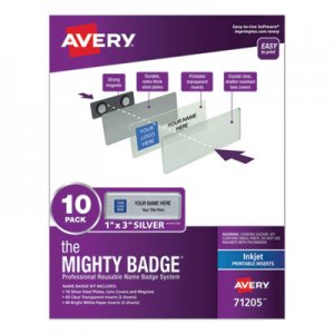 Avery AVE71205 The Mighty Badge Name Badge Holder Kit, Horizontal, 3 x 1, Inkjet, Silver, 10 Holders/ 80 Inserts