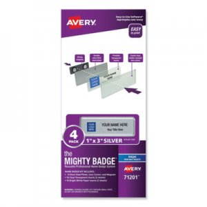 Avery AVE71201 The Mighty Badge Name Badge Holder Kit, Horizontal, 3 x 1, Inkjet, Silver, 4 Holders/32 Inserts