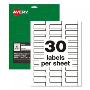 Avery AVE60531 PermaTrack Destructible Asset Tag Labels, Laser Printers, 0.75 x 2, White, 30/Sheet, 8 Sheets/Pack
