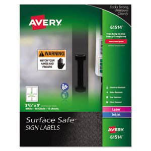 Avery AVE61514 Surface Safe Removable Label Safety Signs, Inkjet/Laser Printers, 3.5 x 5, White, 4/Sheet, 15 Sheets