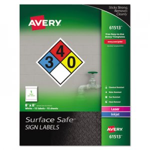 Avery AVE61513 Surface Safe Removable Label Safety Signs, Inkjet/Laser Printers, 8 x 8, White, 15/Pack