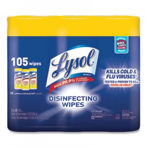 LYSOL Brand RAC82159PK Disinfecting Wipes, 7 x 7.25, Lemon and Lime Blossom, 35 Wipes/Canister, 3 Canisters/Pack