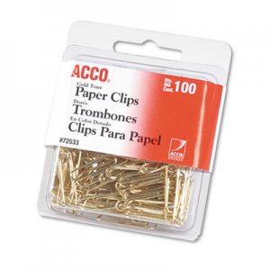 ACCO 72533 Paper Clips, Metal Wire, #2, 1 1/8", Gold Tone, 100/Box ACC72533