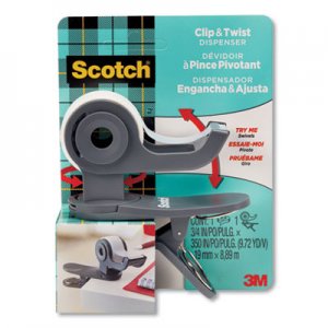 Scotch MMM24403724 Clip and Twist Desktop Tape Dispenser, with 3/4" x 350" Tape Roll, 1" Core, Gray