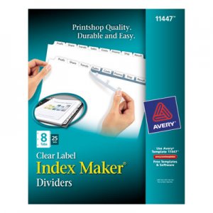 Avery 11447 Print & Apply Clear Label Dividers w/White Tabs, 8-Tab, Letter, 25 Sets AVE11447