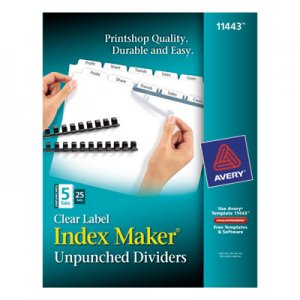 Avery 11443 Print & Apply Clear Label Unpunched Dividers, 5-Tab, Ltr, 25 Sets AVE11443