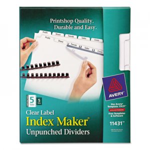 Avery 11431 Print & Apply Clear Label Unpunched Dividers, 5-Tab, Ltr, 5 Sets AVE11431