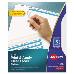 Avery 11436 Print & Apply Clear Label Dividers w/White Tabs, 5-Tab, Letter, 5 Sets AVE11436