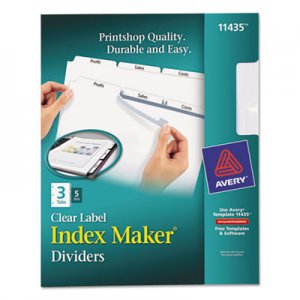 Avery 11435 Print & Apply Clear Label Dividers w/White Tabs, 3-Tab, Letter, 5 Sets AVE11435